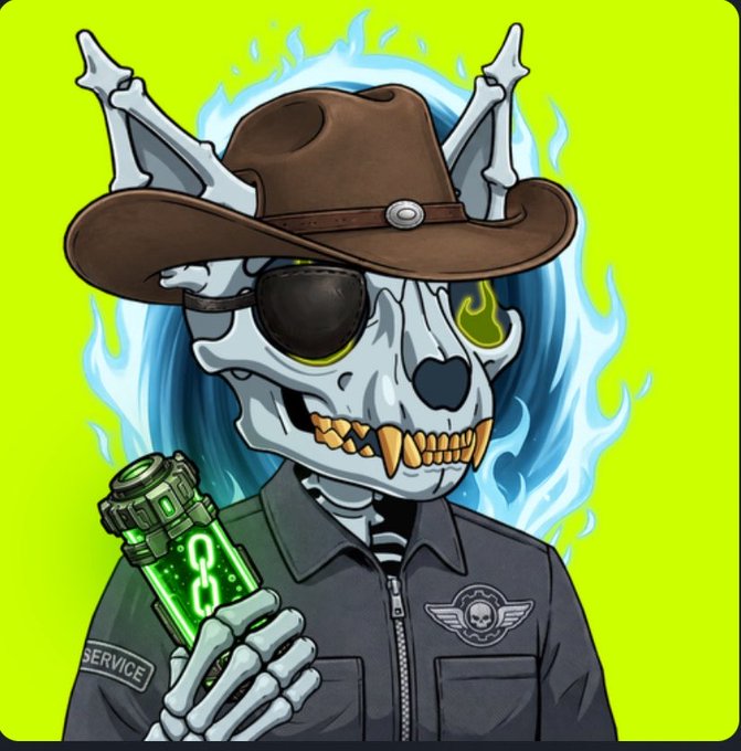 A digital illustration of a skeletal character wearing a brown cowboy hat, an eyepatch, and a black jacket, holding a glowing green vial against a bright green background with blue flames.