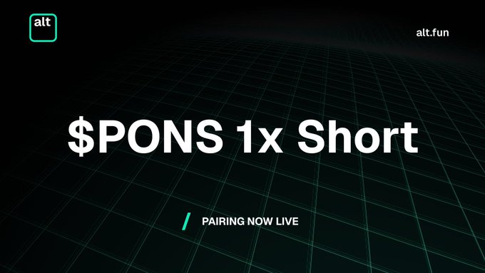 A promotional graphic with a dark grid background displaying the text '$PONS 1x Short', '/ PAIRING NOW LIVE', and 'alt.fun' with an 'alt' logo in the corner.
