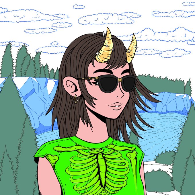 An illustrated Nuddies character with brown hair, sunglasses, and yellow horns wears a green skeleton-print shirt against a scenic outdoor backdrop of mountains, water, and forest, embodying the hiking and adventure aesthetic highlighted in the $TOUCHGRASS treasury description.