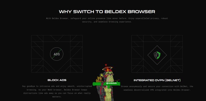 A website section titled 'WHY SWITCH TO BELDEX BROWSER' explaining features like 'BLOCK ADS' and 'INTEGRATED DVPN (BELNET)' with illustrations of a giraffe-like character.
