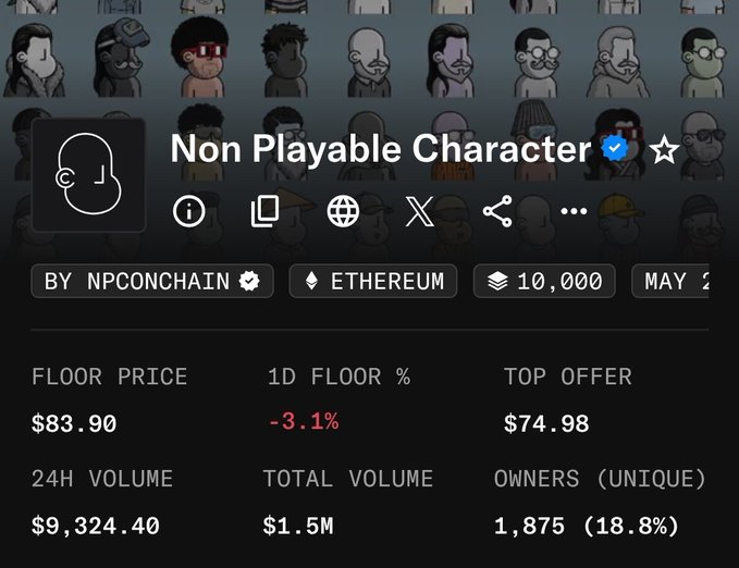 A webpage displays the "Non Playable Character" NFT collection, which is created by NPCONCHAIN, has a 1D floor percentage of -3.1%, a floor price of $83.90, and is on the Ethereum blockchain. The post is asking which NFT collection (Non Playable Character or Bad Bunnz) the user should add to their wallet, while the image provides a preview of the Non Playable Character collection's stats.