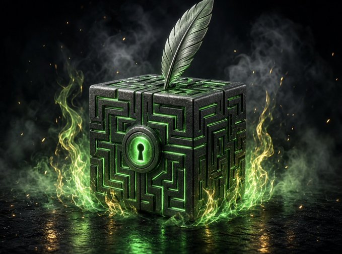 A dark stone cube engraved with a maze pattern and a glowing green keyhole sits surrounded by green flames, with a silver quill pen emerging from the top.