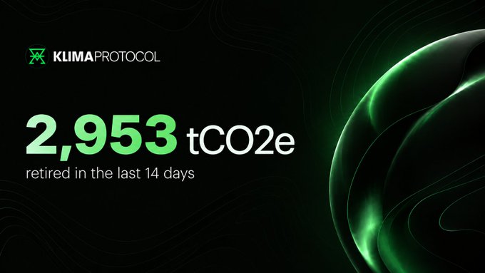 A KlimaProtocol graphic displays '2,953 tCO2e retired in the last 14 days' alongside a green globe and their logo.