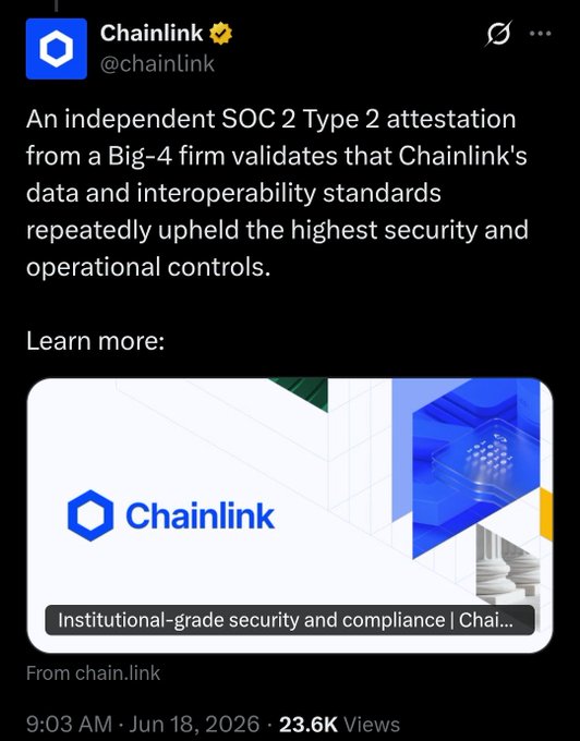 A Chainlink post says an independent Big-4 SOC 2 Type 2 attestation validates its security and operational controls, linking to “Institutional-grade security and compliance” and displaying $LINK. The post emphasizes Chainlink’s proactive compliance work alongside the ticker.