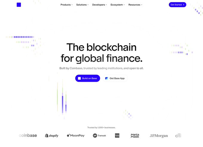 A webpage for Base blockchain featuring the headline "The blockchain for global finance." with navigation options for Products, Solutions, Developers, Ecosystem, and Resources, along with logos of trusted businesses like Coinbase, Shopify, and JPMorgan.