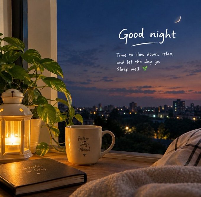 A cozy windowsill scene at twilight features a lit lantern, a potted plant, a coffee mug reading "Better Days Ahead," and a journal labeled "Grateful for today," with a city skyline and crescent moon visible in the background. The handwritten message "Good night / Time to slow down, relax, and let the day go. Sleep well." overlays the sky, reinforcing the calming bedtime sentiment.