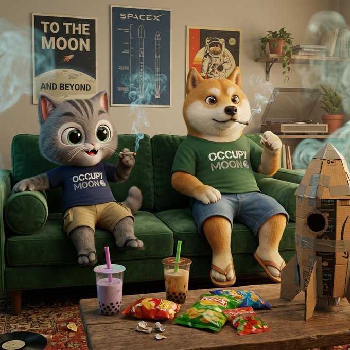 The image shows a cat and a Shiba Inu dog lounging on a green couch in a space-themed room with posters reading "TO THE MOON AND BEYOND," "SPACEX," and an astronaut, while wearing matching "OCCUPY MOON" shirts, smoking, and surrounded by boba drinks and snack bags on a coffee table next to a cardboard rocket.

The whimsical, lazy depiction of the dog and cat in space-themed attire mirrors the post's message about crypto projects and influencers fading into irrelevance when they lack substance—suggesting that even trendy "to the moon" hype eventually dissolves into smoke, leaving only those with real value behind.