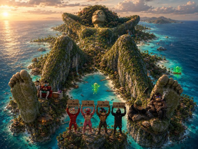 Four costumed characters stand triumphantly on a tropical paradise island shaped like a giant woman, holding "I'M ISLAND MASTER" signs to "protect these shores" with the ticker $BAYLA, blending epic fantasy aesthetics with meme coin promotion.