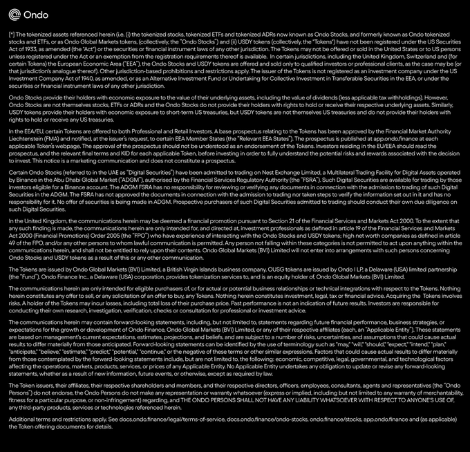 A lengthy legal disclaimer page from Ondo Finance detailing regulatory disclosures for tokenized assets, Ondo Stocks, Ondo Global Markets tokens, and USDY tokens, with references to various jurisdictions including the US, EEA, UK, and UAE.