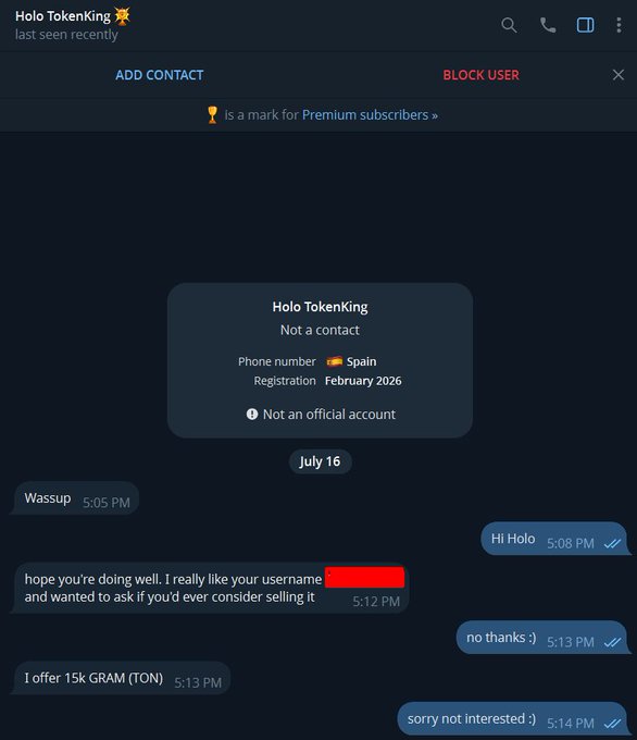 A screenshot of a Telegram chat with 'Holo Tokenking' where the user declines an offer of '15k GRAM (TON)' to buy their username.