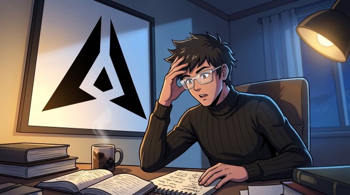 An anime-style illustration depicts a young man with glasses sitting at a desk covered in papers and books, with a steaming coffee mug, a lit lamp, and a large triangular geometric logo displayed on the wall behind him.