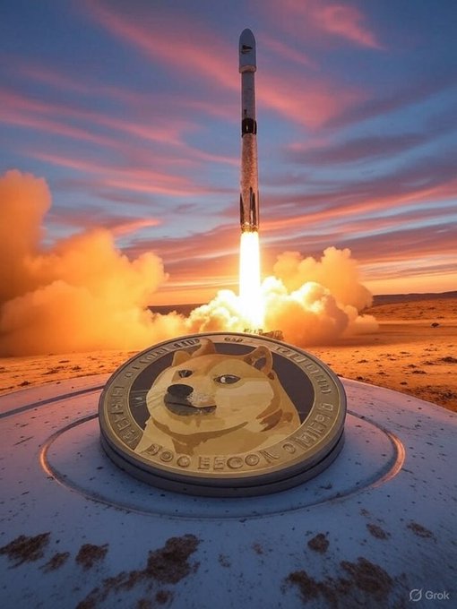 The image features a coin with a doge's face on it, which has been placed on top of a rocket ship. The rocket is launching into space, as indicated by the text "SpaceX will accept Dogecoin for space trips." This suggests that the coin might be used to fund future space missions or even be part of an initiative to promote cryptocurrency and digital assets in space exploration.