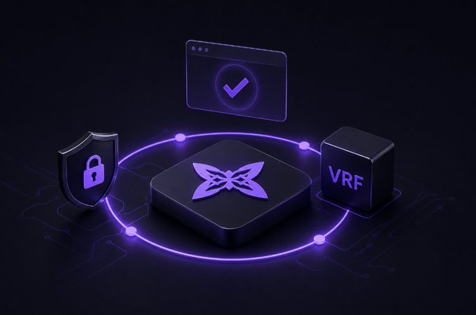 A 3D illustration shows a central black cube featuring a purple butterfly logo (MetaMask), surrounded by glowing purple circuit lines connecting to a shield with a lock icon, a verification checkmark, and a 'VRF' cube.