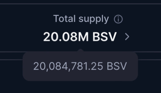 A dark UI panel displaying 'Total supply 20.08M BSV' with the exact amount '20,084,781.25 BSV' shown in a tooltip.