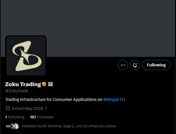 The image shows a Twitter post with a black background, featuring a white logo of a letter "S". The post contains text that reads "Zoku Trading" and "Trading Infrastructure for Consumer Applications on @megaeth". There are also mentions of "NX Terminal", "SOGE 2.0", and "@ megaeth". The post seems to be discussing the trading infrastructure, possibly related to a new application or project in the cryptocurrency space.