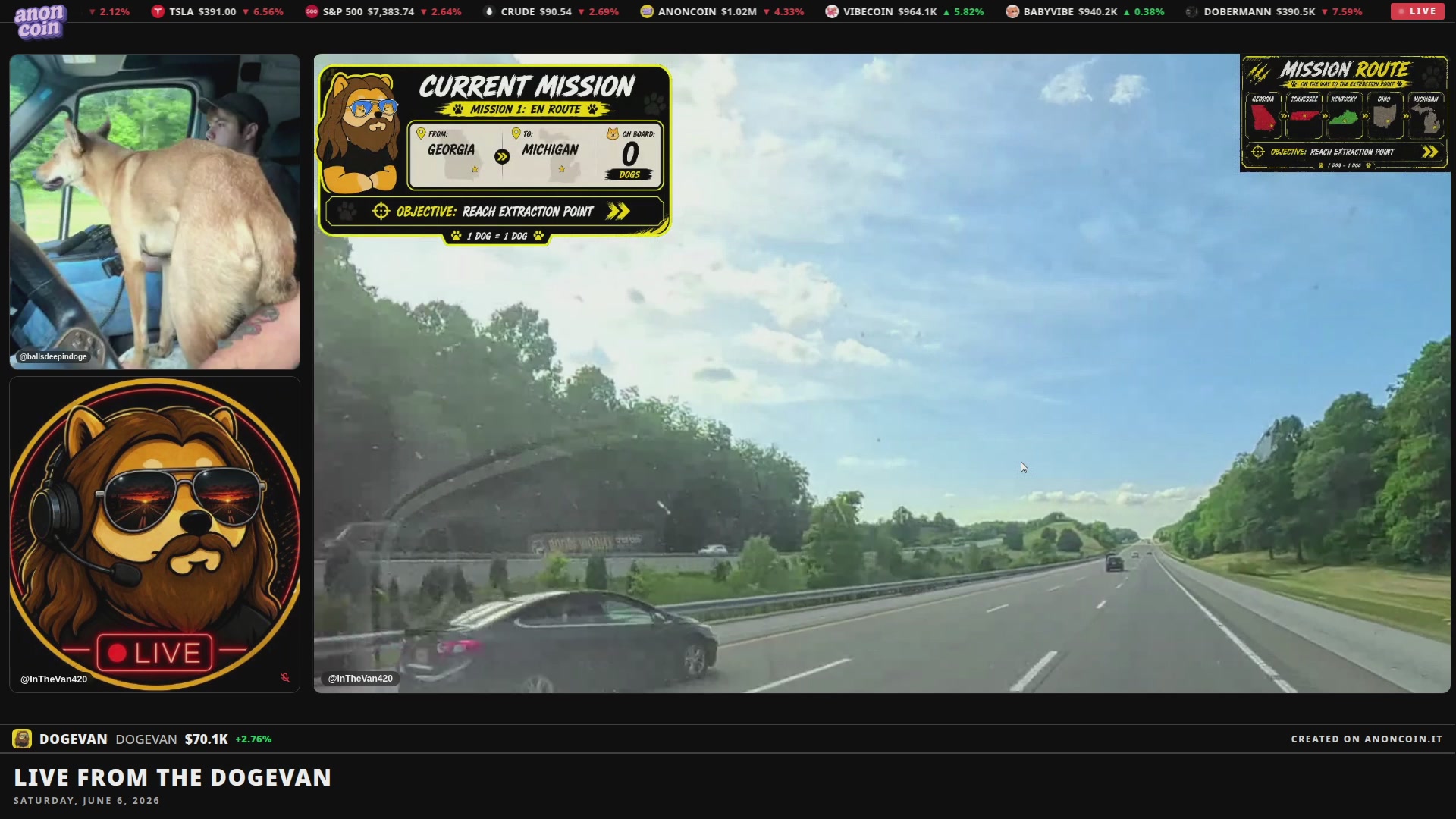 The image shows a car driving down an empty road with a view of trees, indicating that it's daytime. In the background, there are two people visible - one person wearing sunglasses and another person not wearing any eye protection. The main focus is on the car in the foreground, which appears to be moving away from the viewer.

The image also contains text related to the post "Live from the Doge Van...Oliver wants a Slim Jim." This suggests that there might have been an event or gathering involving the Doge Van and Oliver's desire for a Slim Jim. The connection between the car driving down the road, the people in the background, and the post is not immediately clear but could be related to the event or gathering taking place at the time of the image being captured.

The image does not provide any specific information about the Doge Van or Oliver's desire for a Slim Jim. The focus on the car driving down the road and the people in the background makes it difficult to determine if these elements are directly related to the post, but they do contribute to the overall atmosphere of the scene.