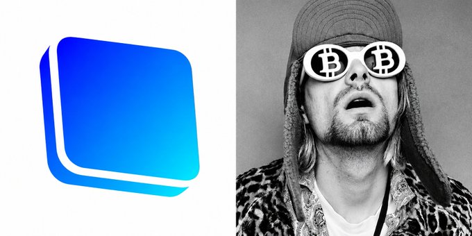 The image shows a blue app icon alongside a black-and-white photo of a man wearing a trapper hat and Bitcoin-logo sunglasses. This relates to the post about @cobie taking over management of @baseapp, with the Bitcoin-themed sunglasses suggesting the author's crypto-focused perspective on the leadership change.