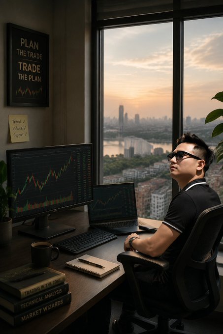 A man sits at a desk with multiple monitors displaying trading charts, with framed wall art reading 'PLAN THE TRADE TRADE THE PLAN' and books including 'TRADING IN THE ZONE', 'TECHNICAL ANALYSIS', and 'MARKET WIZARDS', overlooking a city skyline at sunset.