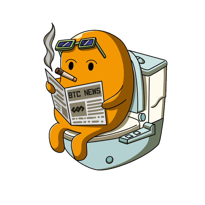 A cartoon illustration of an orange, potato-like character wearing sunglasses, smoking a cigar, and reading a newspaper labeled "BTC NEWS" while on a toilet.
