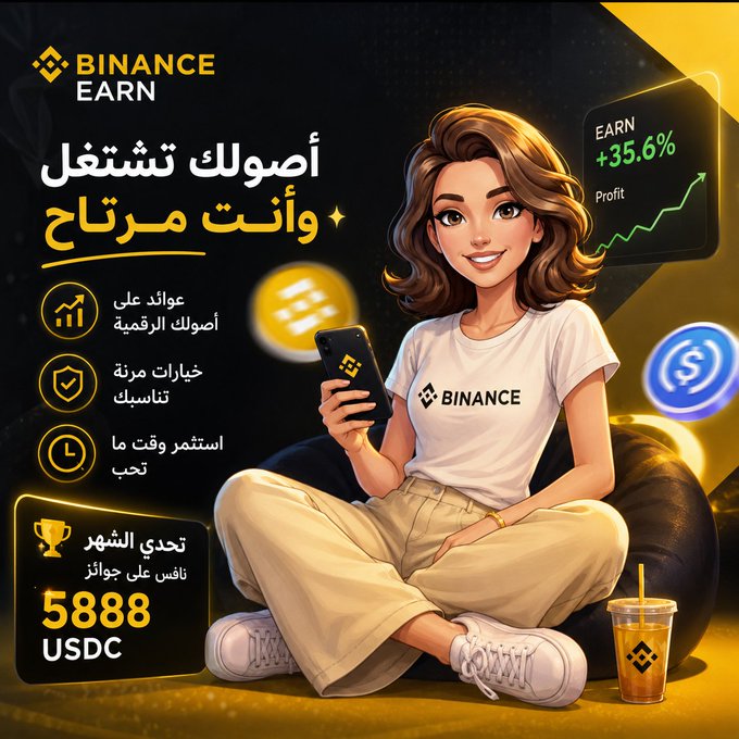 A stylized Binance Earn advertisement featuring an animated woman in a white Binance t-shirt holding a phone, with Arabic text promoting crypto investment services. Key elements include a "+35.6% Profit" earnings display, 5888 USDC monthly rewards, and feature points highlighting digital asset returns, flexible options, and continuous earnings—visually reinforcing the post's message about earning passive returns from crypto holdings without active trading.