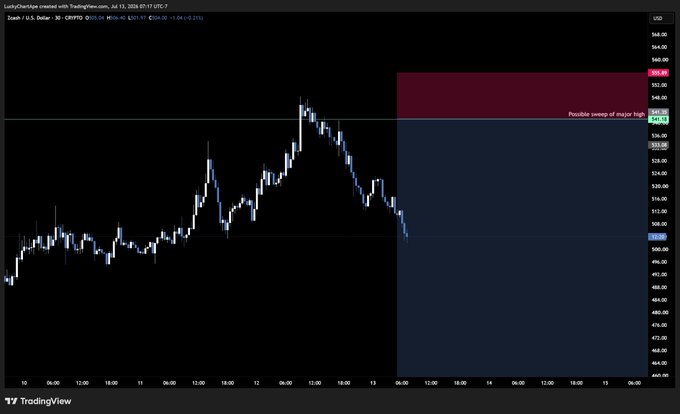 A TradingView candlestick chart of Zcash ($ZEC/USD on Coinbase) shows a sharp price rally peaking around 558 before pulling back, with a red shaded "Possible sweep of major high" zone near 555-562 and a cyan marked level at 545.17, visually illustrating the short position taken at the top of the move.