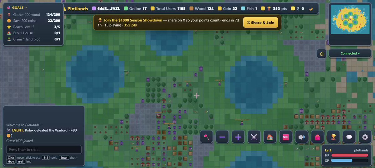 The image is a screenshot of a game interface that displays information about various games, including "Plotlands", which is an open-world roleplaying game with a free-to-play system. The interface also provides details such as the game's title, server version, and the highest rank in the game's leaderboard. The post in question seems to be promoting this specific game or discussing its features. The screenshot includes a map of the island, which could represent a map of the Plotlands world, where players can gather, play, or engage in other activities within the game.