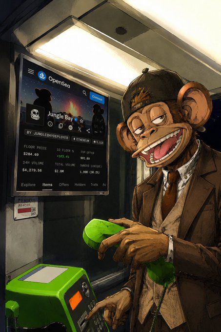 An AI-generated illustration of a monkey wearing a cap and suit using a green payphone, with an OpenSea NFT listing for 'Jungle Bay' displayed in the background.