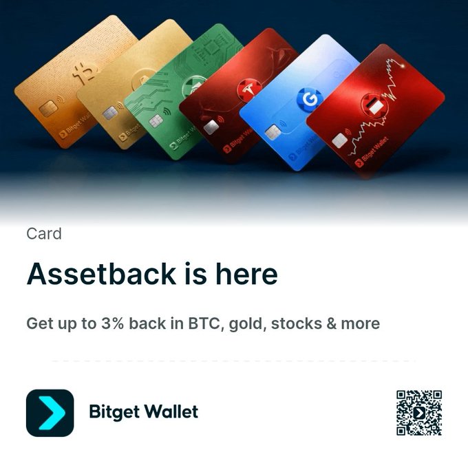 A promotional advertisement for the Bitget Wallet Card featuring colorful credit cards and text promoting 'Assetback is here' with up to 3% back in BTC, gold, stocks & more.