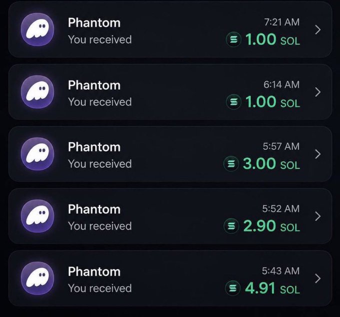 The image shows a Phantom wallet transaction history displaying multiple SOL deposits of 1.00, 1.00, 3.00, 2.90, and 4.91 SOL received between 5:43 AM and 7:21 AM. This visual evidence aligns with the post's claim of free SOL airdrops, suggesting that followers received cryptocurrency after sharing their wallet address and engaging with @KivoTRX's promotion.