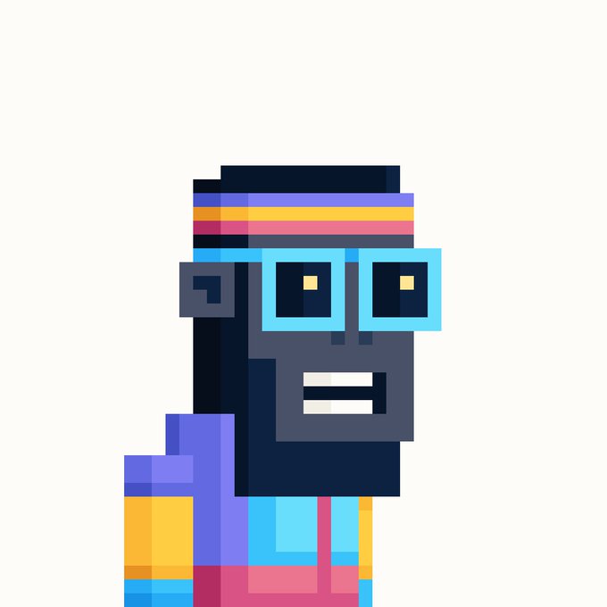 A pixel art character with a dark complexion, cyan-framed glasses, and a colorful striped headband smiles brightly, wearing a vibrant purple, pink, and yellow outfit. The image represents a unique 1/1 NFT reveal from the BITFOOTS collection, which was sold for 0.319 ZEC (approximately $480).