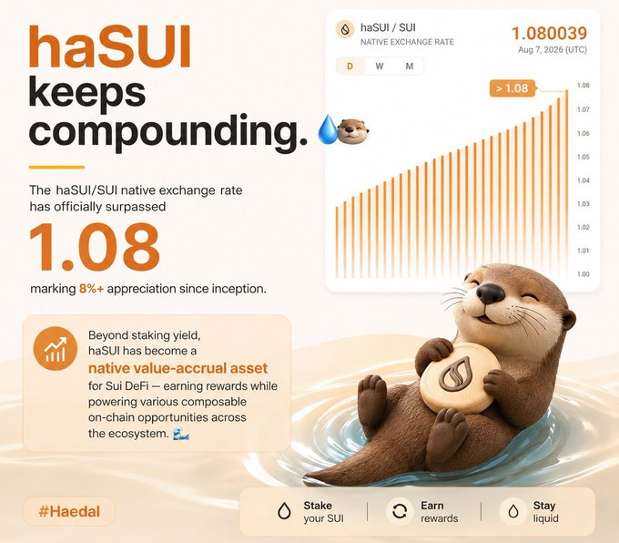 Promotional graphic for haSUI/SUI showing a native exchange rate of 1.080039 as of Aug 7, 2026 (UTC), celebrating 8%+ appreciation with the tagline 'haSUI keeps compounding' and a cartoon otter mascot.