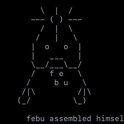 An ASCII art depiction of a robed figure resembling a knight or warrior, with text at the bottom reading 'febu assembled himself'.