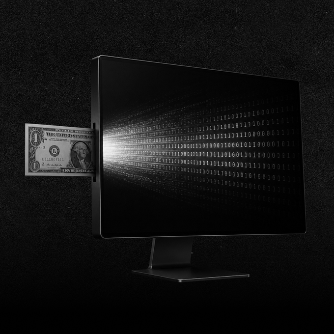 A dollar bill slides into the side of a computer monitor and emerges as streams of binary code, visually representing the post's message that physical money is being transformed into digital, onchain currency.