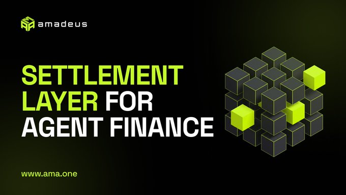 A promotional graphic with black and green colors for Amadeus, advertising a "SETTLEMENT LAYER FOR AGENT FINANCE" with the URL www.ama.one and 3D green cubes.