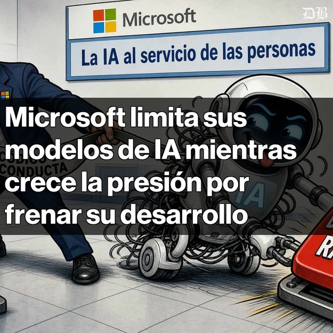 A news graphic featuring an illustration of a person holding back a robotic dog, with the Microsoft logo and a banner reading 'La IA al servicio de las personas'; the overlaid Spanish text states 'Microsoft limita sus modelos de IA mientras crece la presión por frenar su desarrollo' (Microsoft limits its AI models as pressure grows to curb its development).
