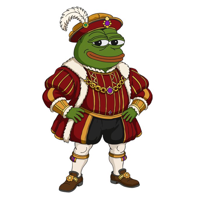 A cartoon illustration of Pepe the Frog dressed as a Tudor-era king or nobleman, wearing a red and gold striped doublet with white fur trim, a feathered cap adorned with jewels, and a gold chain.