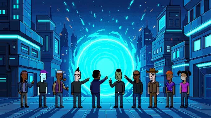 A diverse group of cartoon characters stands in a futuristic neon-lit cityscape before a glowing blue portal, symbolizing the collective excitement and anticipation for the next phase of the Arc Punks project, including staking and token launches.