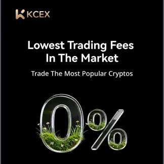 A promotional banner for KCEX cryptocurrency exchange advertising 'Lowest Trading Fees In The Market' with a '0%' graphic featuring grass inside the zeros.