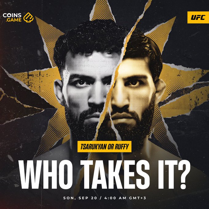 A UFC promotional graphic featuring a split image of fighters Arman Tsarukyan and Arman Ruffy against a star background, with text reading 'WHO TAKES IT?' and a date of 'SUN, SEP 20 / 4:00 AM GMT+3.'