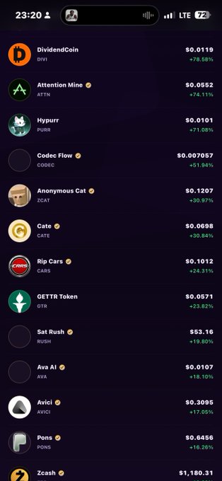 A cryptocurrency app screen displaying various meme coin listings with prices and percentage changes, including DividendCoin (DIVI) at $0.01119 (+78.58%), Attention Mine (ATTN) at $0.0552 (+74.11%), Hypurr (PURR) at $0.0101 (+71.08%), and Zcash (ZEC) at $1,180.31.