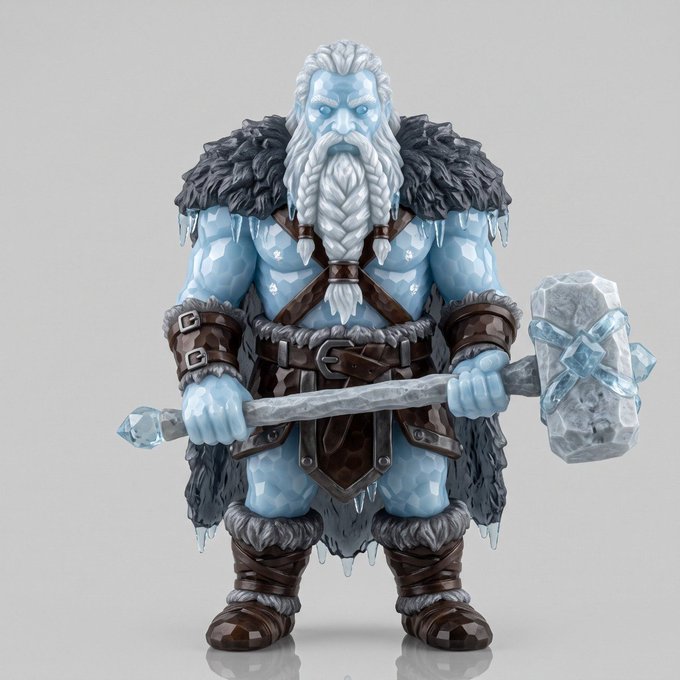 A detailed figurine of a blue-skinned, white-bearded fantasy warrior resembling an ice giant, wearing fur-lined armor and wielding a large crystalline ice hammer against a gray background.