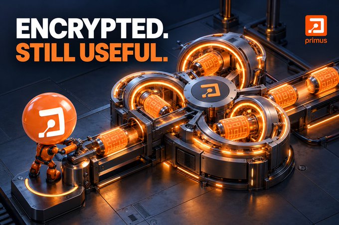 A 3D-rendered promotional image with the text "ENCRYPTED. STILL USEFUL." featuring the "primus" logo alongside a small orange robot character standing next to industrial machinery.