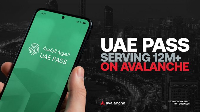 A promotional banner for 'UAE PASS' showing the app on a smartphone with text reading 'UAE PASS SERVING 12M+ ON AVALANCHE' against a city skyline backdrop.