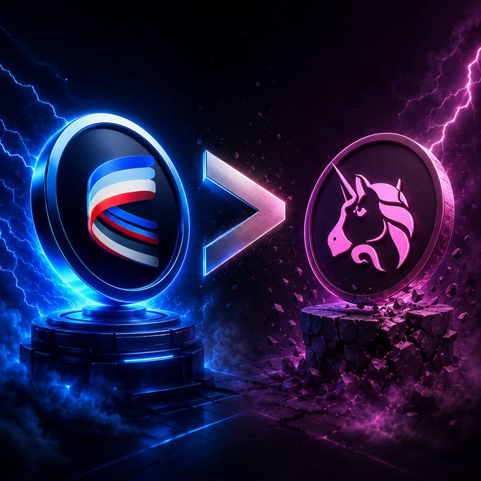 The image shows a comparison between two coins with different designs - one featuring an unicorn and the other a blue circle with a red "C" on it. The coin with the unicorn design has a pink background, while the coin with the blue circle has a purple background. Both coins are placed on pedestals in front of a stormy sky backdrop. The caption below the image explains that investors prefer Aerodrome over Uniswap due to better returns and token value.