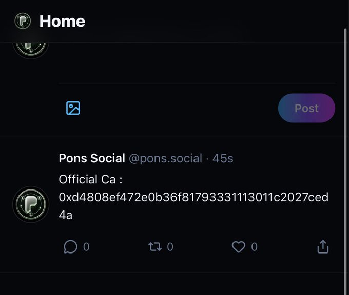 A mobile app screenshot of a social media feed showing a post from 'Pons Social' (@pons.social) containing an Ethereum contract address starting with '0xd4808ef472e0b36f81793331113011c2027ced4a'.