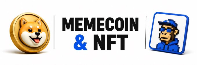 A promotional graphic with the text 'MEMECOIN & NFT' flanked by a Shiba Inu coin on the left and a pixelated NFT character resembling a police officer on the right.