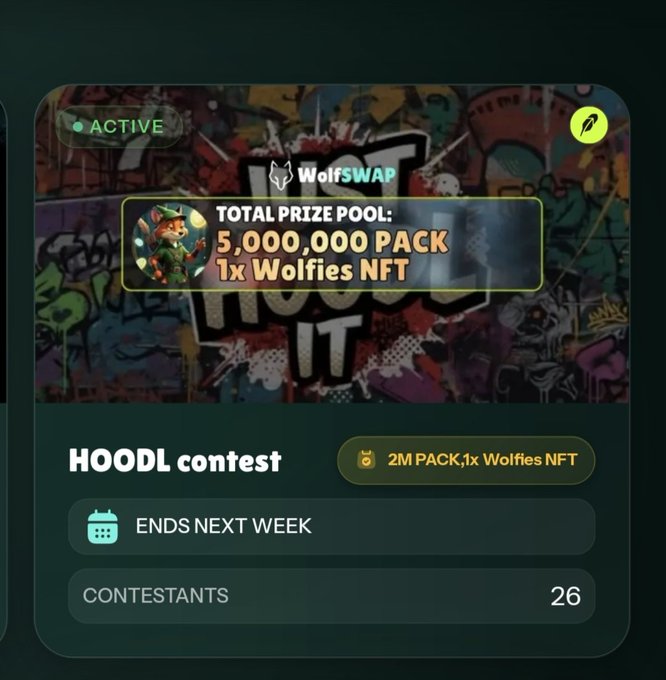 WolfSWAP HOODL contest card showing a total prize pool of 5,000,000 PACK plus 1x Wolfies NFT, ending next week with 26 contestants.