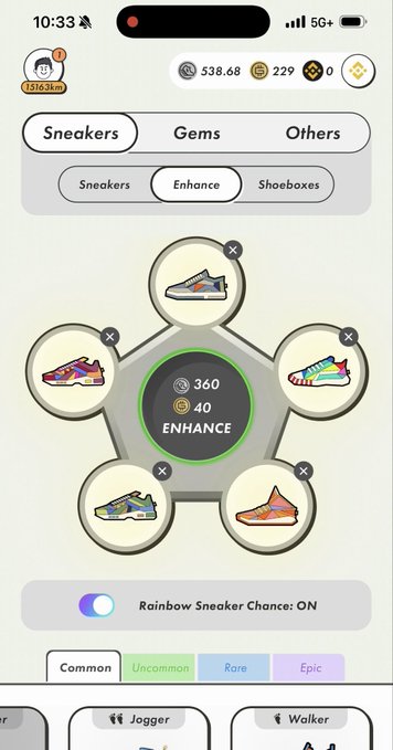 A sneaker collection app screen showing five shoe slots around an 'Enhance' button with 360 gems and 40 coins, with a Rainbow Sneaker Chance toggle turned on.