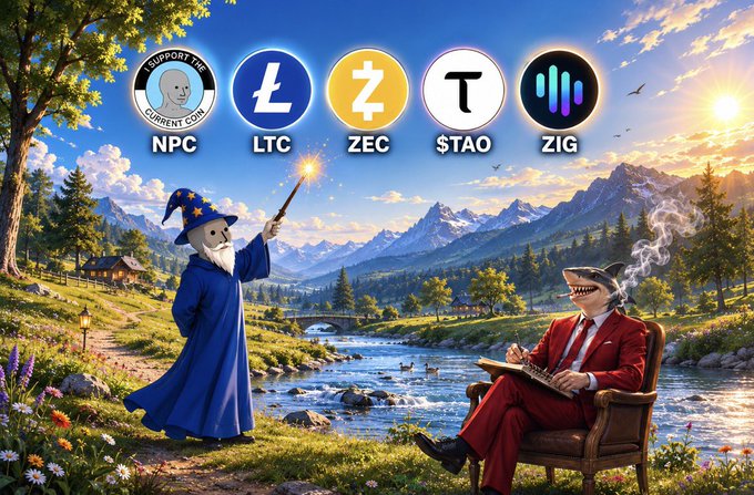 An illustrated fantasy scene featuring a wizard with a wand casting a spell on a dinosaur-headed figure in a red suit, with cryptocurrency logos labeled 'NPC', 'LTC', 'ZEC', '$TAO', and 'ZIG' displayed at the top.