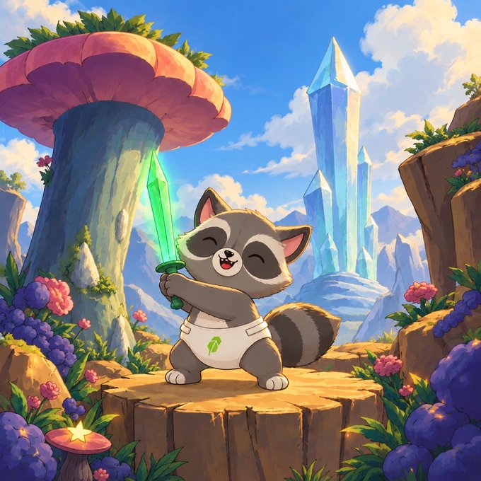 A whimsical digital illustration of a cute raccoon character in a diaper wielding a glowing green sword, standing on a rocky platform surrounded by giant mushrooms, purple flowers, and blue crystal spires under a bright sky.